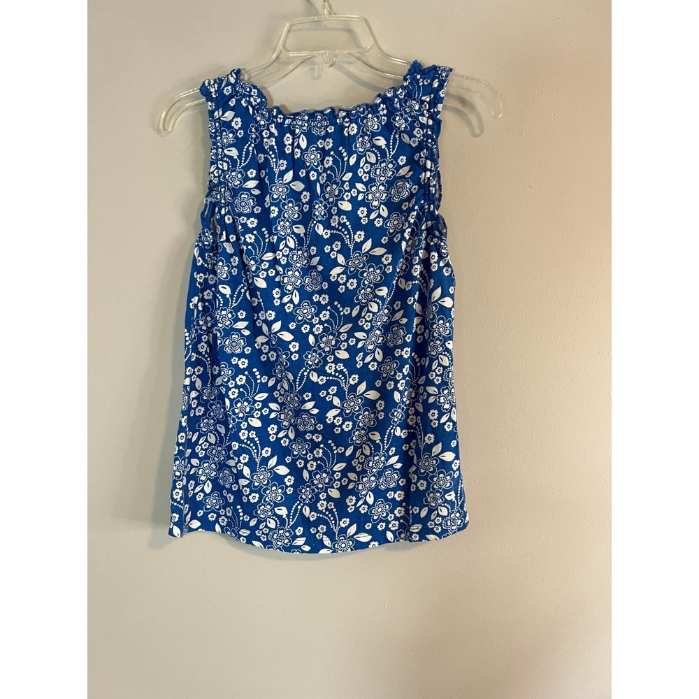 Kim Rogers Blue White Floral Cotton Sleeveless Ruffle Neck Tank ‎ Womens Medium